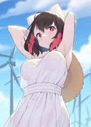 Rule 34 | 1girl, animal ears, armpits, arms up, black hair, breasts, cloba, dress, floral print, from below, hat, highres, large breasts, original, pink eyes, player 2 (cloba), pouty lips, see-through, short hair, solo, straw hat, sundress