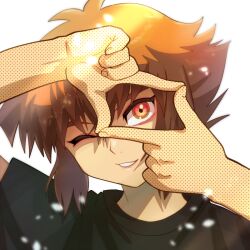 Rule 34 | 1boy, black shirt, brown hair, finger frame, halftone, hand gesture, lens flare, light, light particles, light smile, looking at viewer, male focus, one eye closed, orange eyes, p baby blue, portrait, shirt, short sleeves, simple background, solo, teeth, white background, yu-gi-oh!, yu-gi-oh! gx, yuki judai