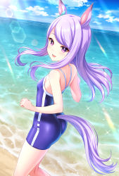Rule 34 | 1girl, :d, animal ears, ass, bare arms, bare shoulders, blue one-piece swimsuit, blue sky, breasts, cloud, colored eyelashes, commentary request, competition school swimsuit, day, feet out of frame, from side, highres, horizon, horse ears, horse girl, horse tail, kneepits, long hair, looking at viewer, looking to the side, mejiro mcqueen (umamusume), ocean, one-piece swimsuit, open mouth, outdoors, purple eyes, purple hair, school swimsuit, skin tight, sky, small breasts, smile, solo, sparkle, swept bangs, swimsuit, tail, thighs, tomo (tmtm mf mf), umamusume, water