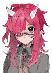 Rule 34 | 1girl, black-framed eyewear, blush, closed mouth, glasses, hair over one eye, horns, long hair, maido mido, original, pink eyes, pink hair, pink horns, pointy ears, simple background, sketch, solo, upper body, white background