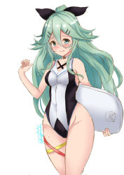 Rule 34 | 1girl, adapted costume, aqua eyes, aqua hair, bare arms, bare hips, bare shoulders, black ribbon, blush, breasts, choker, closed mouth, commentary request, competition swimsuit, groin, hair between eyes, hair ornament, hair ribbon, hairclip, high ponytail, holding, kantai collection, kickboard, kuga zankurou, long hair, looking at viewer, one-piece swimsuit, ribbon, sidelocks, simple background, small breasts, smile, solo, swimsuit, thigh strap, twitter username, very long hair, white background, white choker, wide hips, yamakaze (kancolle)