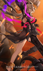 Rule 34 | 1girl, ahoge, back, black gloves, breasts, closed mouth, dragalia lost, gloves, green eyes, grey hair, holding, holding sword, holding weapon, large breasts, legs, long hair, looking at viewer, looking back, official alternate costume, see-through, solo, sword, weapon, yona (illusty0na), zethia
