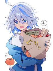 Rule 34 | 1girl, alternate costume, bag, blue eyes, blue hair, blue hoodie, blue nails, blush, casual, commentary request, cowlick, drop-shaped pupils, food, furina (genshin impact), genshin impact, grocery bag, hair between eyes, heterochromia, highres, holding, holding bag, hood, hoodie, light blue hair, mismatched pupils, nail polish, open mouth, paper bag, satorigame, shirt, shopping bag, short hair, solo, speech bubble, symbol-shaped pupils, tearing up, tomato, torn bag, upper body, white background, white shirt