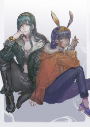Rule 34 | 2girls, alternate costume, animal ears, black footwear, boots, border, cleopatra (fate), earrings, facial mark, fate/grand order, fate (series), fur-trimmed jacket, fur trim, gradient background, green eyes, green hair, grey background, head rest, highres, jackal ears, jacket, jewelry, knee boots, light smile, long hair, looking at viewer, lsunl, midriff, multicolored hair, multiple girls, navel, nitocris (fate), outside border, pants, purple eyes, purple footwear, purple hair, red jacket, type-moon, white background, white border