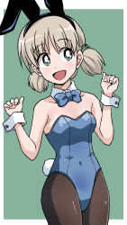 Rule 34 | 1girl, aki (girls und panzer), alternate costume, animal ears, blue bow, blue bowtie, border, bow, bowtie, breasts, bright pupils, collar, commentary, covered navel, cowboy shot, detached collar, fake animal ears, fake tail, girls und panzer, green background, green eyes, hair tie, highres, leotard, light brown hair, looking at viewer, low twintails, open mouth, outside border, pantyhose, playboy bunny, ponzu rui, rabbit ears, rabbit tail, short hair, short twintails, simple background, small breasts, smile, solo, standing, strapless, strapless leotard, tail, twintails, w arms, white border, white collar, white pupils, wing collar, wrist cuffs