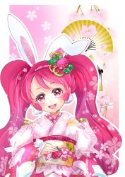 Rule 34 | 1girl, :d, animal ears, blush, border, cure whip, earrings, floral print, hairband, highres, japanese clothes, jewelry, kimono, kirakira precure a la mode, long hair, long sleeves, looking at viewer, manekineko5319, obi, open mouth, outline, pink eyes, pink hair, pink hairband, pink kimono, precure, print kimono, rabbit ears, sash, signature, sleeves past wrists, smile, solo, twintails, upper body, very long hair, white border, wide sleeves