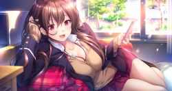 Rule 34 | 1girl, adjusting hair, aikagi 3, azarashi soft, bed, blush, breasts, brown hair, cellphone, cleavage, female focus, game cg, gintarou (kurousagi108), hair between eyes, happy, head rest, highres, holding, holding phone, indoors, jacket, large breasts, legs, long hair, looking at viewer, lying, mole, mole under eye, nail polish, on bed, on side, open mouth, phone, pillow, red eyes, red neckwear, saotome ai, school uniform, skirt, smile, solo, thighs, tree, window
