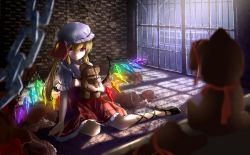 Rule 34 | 1girl, blonde hair, chain, darkness, hugging doll, dress, flandre scarlet, glowing, glowing wings, hat, hat ribbon, long hair, looking at viewer, mob cap, night, hugging object, pengin (takeoff425), prison cell, prisoner, puffy short sleeves, puffy sleeves, red dress, red eyes, ribbon, short sleeves, side ponytail, sitting, solo, stuffed animal, stuffed toy, teddy bear, touhou, wings