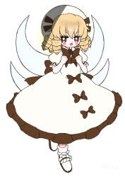 Rule 34 | 1girl, blonde hair, blush stickers, bow, bowtie, brown bow, brown bowtie, brown eyes, chestnut mouth, collared dress, dotaku (wran8845), dress, dress bow, drill hair, fairy, fairy wings, hands on own chest, jitome, luna child, mary janes, open mouth, puffy short sleeves, puffy sleeves, shoes, short hair, short sleeves, solo, touhou, waist bow, white background, white dress, wings