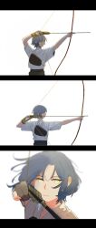 1girl archery arrow_(projectile) asymmetrical_hair blue_hair bocchi_the_rock! bow_(weapon) closed_mouth commentary_request drawing_bow gloves hair_ornament hairclip highres holding holding_bow_(weapon) holding_weapon kyuudou mole mole_under_eye multiple_views partially_fingerless_gloves partly_fingerless_gloves raven_(099stardive) shirt short_hair weapon white_shirt yamada_ryo yellow_eyes yugake