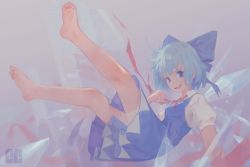 Rule 34 | 1girl, absurdres, barefoot, blue bow, blue dress, blue hair, bow, cirno, clenched hand, collared shirt, commentary, commentary request, demozeroc, detached wings, dress, fairy wings, falling, fangs, full body, hand up, highres, huge filesize, ice, ice wings, legs up, looking at viewer, open mouth, puffy short sleeves, puffy sleeves, red ribbon, ribbon, shirt, short hair, short sleeves, simple background, soles, solo, toes, touhou, wings