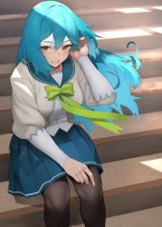 Rule 34 | 1girl, ;d, artist request, black pantyhose, blue hair, blush, bow, collared shirt, green bow, hand in own hair, hand on own thigh, hand on thigh, highres, leaning forward, long hair, long sleeves, looking at viewer, on floor, one eye closed, open mouth, pantyhose, project luminasys, puffy long sleeves, puffy sleeves, shirt, sitting, skirt, smile, solo, stairs, thighhighs, uniform, yellow eyes, yurizono eryu