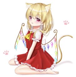 Rule 34 | 1girl, :3, alternate hairstyle, animal ear fluff, animal ears, arm up, ascot, barefoot, between legs, blonde hair, blush, cat ears, cat tail, commentary request, flandre scarlet, frilled shirt collar, frilled skirt, frilled sleeves, frills, hair between eyes, hand between legs, head tilt, highres, kemonomimi mode, looking at viewer, medium hair, no headwear, nyanyanoruru, open mouth, paw pose, paw print, paw print background, puffy short sleeves, puffy sleeves, red eyes, red skirt, red vest, shirt, short sleeves, sitting, skirt, solo, tail, touhou, vest, wariza, white background, white shirt, wings, yellow ascot