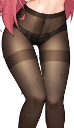 Rule 34 | 1girl, black panties, black pantyhose, character request, commentary request, copyright request, covered navel, fine fabric emphasis, highres, legs, long hair, lower body, midriff, migu (iws2525), panties, pantyhose, pink hair, simple background, stomach, sweat, thighband pantyhose, thighs, underwear, very long hair, white background