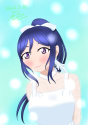 Rule 34 | 1girl, absurdres, artist name, artist request, blue hair, blush, bow, breasts, close-up, collarbone, collared dress, dress, earrings, feather earrings, feathers, female focus, hair between eyes, hair bow, high ponytail, highres, jewelry, long hair, looking at viewer, love live!, love live! school idol festival, love live! sunshine!!, matsuura kanan, medium breasts, parted lips, plaid, plaid dress, pleated, pleated dress, ponytail, purple eyes, smile, solo, the story of feather (love live!), white bow, white dress