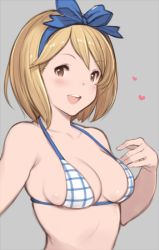 Rule 34 | 10s, 1girl, :d, adapted costume, bare shoulders, bikini, blonde hair, blush, bow, breasts, brown eyes, cleavage, collarbone, djeeta (granblue fantasy), granblue fantasy, hair bow, hair ribbon, hanarito, heart, kimi to boku no mirai, looking at viewer, open mouth, ribbon, short hair, smile, solo, swimsuit, upper body