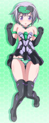 Rule 34 | 10s, 1girl, armlet, black dress, black footwear, blue eyes, boots, choker, dress, elbow gloves, frame arms girl, from above, full body, gloves, gluteal fold, gourai, green background, green panties, headgear, highres, kikuchi tsutomu, knees together feet apart, looking at viewer, lying, on back, open mouth, panties, short dress, short hair, silver hair, solo, strapless, strapless dress, striped clothes, striped panties, thigh boots, thigh gap, thighhighs, underwear, w arms