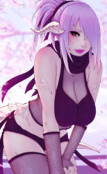 Rule 34 | 1girl, au ra, blurry, blurry background, branch, breasts, cherry blossoms, cleavage, depth of field, elbow gloves, final fantasy, final fantasy xiv, fingerless gloves, fishnets, flower, gloves, hair over one eye, high ponytail, hood, hood down, large breasts, lips, lipstick, long hair, looking at viewer, makeup, ninja, petals, pink hair, purple eyes, purple hair, short shorts, shorts, single thighhigh, solo, soranamae, thighhighs, warrior of light (ff14)