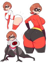 Rule 34 | 1girl, ass, back, black thighhighs, bodysuit, breasts, brown eyes, brown hair, curvy, dot nose, elastigirl, elbow gloves, eyelashes, female focus, from behind, full body, gloves, grin, hand on own chest, helen parr, highres, huge ass, huge breasts, leotard, looking at viewer, looking back, mask, mature female, red thighhighs, shiny clothes, shiny skin, short hair, sideboob, skin tight, skindentation, smile, solo, solo focus, standing, sweatdrop, teeth, the incredibles, theycallhimcake, thick thighs, thighhighs, thighs, white background, white leotard, wide hips, worried