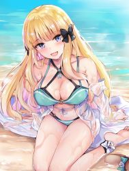 Rule 34 | 1girl, bikini, black bow, blonde hair, blue eyes, blush, bow, breasts, elf, hair bow, highres, konka, large breasts, long hair, looking at viewer, open mouth, pointy ears, princess connect!, saren (princess connect!), saren (summer) (princess connect!), smile, solo, swimsuit