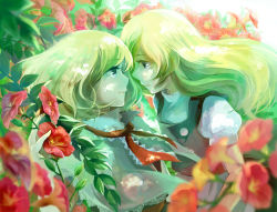 Rule 34 | 2girls, alice margatroid, blonde hair, blue eyes, blurry, buttons, capelet, couple, depth of field, dress, eye contact, female focus, flower, i wanna, imminent kiss, kirisame marisa, lace, leaf, light particles, long hair, looking at another, lying, morning glory, multiple girls, no headwear, no headwear, on back, open hand, ribbon, short hair, short sleeves, smile, touhou, vest, yuri
