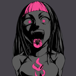 1girl alternate_costume alternate_hairstyle bare_shoulders bokkusu bug capcom crazy_eyes crazy_smile female_focus han_juri looking_at_viewer monochrome multicolored_hair open_mouth pink_eyes sleeveless smile solo spider spot_color street_fighter street_fighter_v tongue tongue_out two-tone_hair