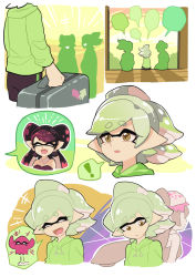 Rule 34 | + +, 2girls, ankle boots, arms behind back, back-to-back, bed, black footwear, black hair, blue shorts, boots, callie (splatoon), casual, cellphone, comic, cousins, detached collar, earrings, food, food on head, gloves, gomipomi, green legwear, green shirt, grey hair, holding, holding phone, indoors, inkling, inkling boy, inkling girl, inkling player character, jewelry, long hair, marie (splatoon), mask, mole, mole under eye, multiple girls, night, night sky, nintendo, object on head, phone, pointy ears, purple shirt, purple shorts, shirt, short hair, short jumpsuit, shorts, silent comic, sitting, sky, smartphone, standing, sushi, t-shirt, tentacle hair, white gloves
