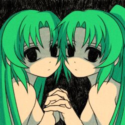 Rule 34 | 2girls, black background, black eyes, breasts, commentary, convenient censoring, cryptidhermit, english commentary, expressionless, green hair, higurashi no naku koro ni, holding hands, long hair, medium breasts, multiple girls, ponytail, shaded face, siblings, sisters, sonozaki mion, sonozaki shion, upper body