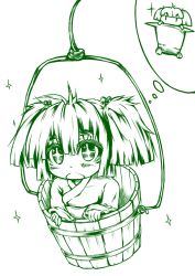Rule 34 | + +, 1girl, blush, bucket, downagi, female focus, green theme, hair ornament, in bucket, in container, in hat, kisume, long sleeves, monochrome, open mouth, short hair, solo, sparkle, touhou, twintails, white background, | |