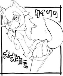 Rule 34 | 1girl, animal ears, bent over, closed mouth, commentary request, framed, fur collar, grey wolf (kemono friends), greyscale, kemono friends, long hair, long sleeves, looking at viewer, monochrome, necktie, outside border, pleated skirt, simple background, skirt, solo, standing, tail, tail raised, thighhighs, white background, wolf ears, wolf tail, zubatto (makoto)