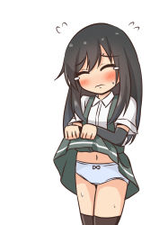 Rule 34 | 1girl, arm warmers, asashio (kancolle), bad id, bad twitter id, black hair, black thighhighs, blush, closed eyes, closed mouth, clothes lift, comiching, embarrassed, grey skirt, kantai collection, long hair, navel, panties, shirt, short sleeves, shy, simple background, skirt, skirt lift, solo, suspender skirt, suspenders, tears, thighhighs, underwear, white background, white panties, white shirt