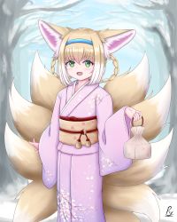 Rule 34 | 1girl, :d, absurdres, animal ear fluff, animal ears, arknights, blue hairband, braid, braided hair rings, commentary, day, english commentary, floral print, fox ears, fox girl, fox tail, green eyes, hair between eyes, hair rings, hairband, highres, holding, japanese clothes, kimono, kinchaku, kitsune, kyuubi, light brown hair, long sleeves, looking at viewer, multicolored hair, multiple tails, obi, open mouth, outdoors, pink kimono, pouch, print kimono, rylaera, sash, signature, smile, snow, solo, suzuran (arknights), tail, tree, twin braids, two-tone hair, white hair, wide sleeves