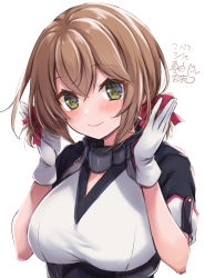 Rule 34 | 1girl, absurdres, artist name, blush, breasts, brown hair, closed mouth, dated, gloves, green eyes, hair between eyes, highres, kantai collection, large breasts, mashiro yukiya, medium breasts, mutsu (kancolle), mutsu kai ni (kancolle), short hair, short sleeves, signature, simple background, smile, solo, upper body, white background, white gloves
