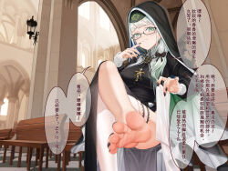 Rule 34 | 1girl, absurdres, barefoot, black bow, black dress, black nails, bow, breasts, chinese commentary, chinese text, church, clothing cutout, commentary request, convenient leg, crossed legs, dress, eyelashes, feet, finger to mouth, foot focus, foot out of frame, foot up, glasses, green eyes, grey hair, habit, hair bow, hair over shoulder, highres, holding, holding clothes, impossible clothes, impossible dress, indie virtual youtuber, indoors, jewelry, lace trim, large breasts, legs, long hair, long sleeves, looking at viewer, nail polish, necklace, nun, on chair, parasister (vtuber), ponytail, presenting foot, saliva, see-through, see-through legwear, side cutout, single thighhigh, sitting, soles, solo, speech bubble, spread toes, thighhighs, toenail polish, toenails, toes, translation request, variant set, virtual youtuber, white thighhighs, xo (xo17800108)