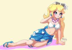 Rule 34 | 1girl, :d, absurdres, bikini, blonde hair, blue eyes, breasts, brooch, cleavage, day, eyewear on head, feet, flower, flower necklace, highres, jewelry, large breasts, lips, looking at viewer, mario (series), moon print, navel, necklace, nin10ja, nintendo, open mouth, princess peach, sandals, sarong, smile, solo, sunglasses, super mario odyssey, swimsuit, white bikini