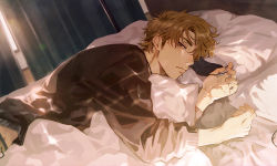 Rule 34 | 1boy, ace of diamond, bed, black shirt, brown eyes, brown hair, closed mouth, hair over one eye, highres, jewelry, looking at viewer, lying, male focus, mask, unworn mask, miyuki kazuya, necklace, on bed, on side, one eye covered, pillow, sato (sato 1 11), shirt, short hair, sleep mask, solo, upper body