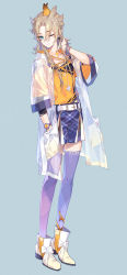 Rule 34 | 1boy, albedo (genshin impact), alternate costume, alternate hair length, alternate hairstyle, animal, animal on head, aqua eyes, arm up, artist name, belt, belt buckle, bird, bird on head, blue background, blue shorts, blue thighhighs, boots, bow, bracelet, buckle, closed mouth, coat, collarbone, commentary request, earrings, expressionless, eyelashes, flower, flower necklace, footwear bow, full body, genshin impact, gradient legwear, hair between eyes, hand in pocket, head tilt, highres, jewelry, kickylian, light brown hair, long hair, looking at viewer, male focus, necklace, on head, one eye closed, open clothes, open coat, orange shirt, parted bangs, pink thighhighs, plaid, plaid shorts, pocket, purple thighhighs, scar, scar on neck, see-through, see-through coat, shirt, shirt tucked in, short shorts, short sleeves, shorts, sidelocks, single earring, solo, standing, thighhighs, twitter username, watch, watermark, white belt, white bow, white coat, white footwear, wide sleeves, wristwatch