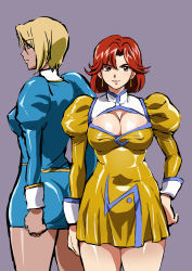 Rule 34 | 2girls, agent aika, aika (series), bianca (agent aika), blonde hair, blue delmo, blue jacket, blue skirt, breasts, brown eyes, cleavage cutout, closed mouth, clothing cutout, commentary request, delmo, delmogeny uniform, dress, golden delmo, highres, jacket, juliet sleeves, large breasts, latex, light smile, lipstick, long hair, long sleeves, looking at viewer, makeup, mamesi (suhk8583), medium breasts, multiple girls, panties, pleated dress, puffy sleeves, red eyes, red hair, shiny clothes, short hair, skirt, sleeve cuffs, standing, thighs, underwear, valerie (agent aika), white background, white panties, yellow dress