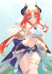 Rule 34 | 1girl, absurdres, bare shoulders, blue background, blue eyes, breasts, brooch, commentary, cowboy shot, crop top, detached sleeves, genshin impact, highres, horns, jewelry, large breasts, long hair, long sleeves, looking at viewer, midriff, navel, nilou (genshin impact), red hair, smile, solo, standing, stomach, thanr, thighlet, thighs, veil, very long hair