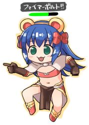 Rule 34 | 1girl, :3, animal ears, bikini, bikini top only, blue hair, blush, bow, brown gloves, capelet, commentary request, elbow gloves, emurin, fake animal ears, flat chest, full body, futaba channel, genba neko (meme), gloves, gold trim, green eyes, hair bow, health bar, highres, long hair, looking at viewer, mage (ragnarok online), majiko (emurin), meme, midriff, monkey ears, multiple hair bows, navel, open mouth, pelvic curtain, pointing, ragnarok online, red bikini, red bow, red skirt, showgirl skirt, simple background, skirt, smile, solo, strapless, strapless bikini, swimsuit, translation request, two-sided fabric, two-sided skirt, white background, white capelet, white skirt
