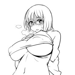 Rule 34 | 1girl, breasts, glasses, greyscale, large breasts, lineart, monochrome, shaded face, simple background, solo, underboob, white background, zaxwu