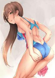 Rule 34 | 10s, 1girl, adjusting clothes, adjusting swimsuit, ass, back, bent over, breasts, brown hair, competition swimsuit, cowboy shot, from behind, holding, idolmaster, idolmaster cinderella girls, long hair, looking at viewer, looking back, nitta minami, one-piece swimsuit, open mouth, parfaitlate, shiny skin, smile, solo, swimsuit, towel, wet, yellow eyes