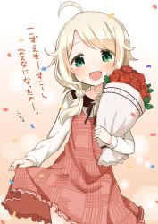 Rule 34 | 10s, 1girl, :d, bad id, bad pixiv id, blonde hair, blush, bouquet, clothes lift, confetti, dress, dress lift, flower, green eyes, highres, idolmaster, idolmaster cinderella girls, low twintails, muku (muku-coffee), open mouth, smile, solo, twintails, yusa kozue