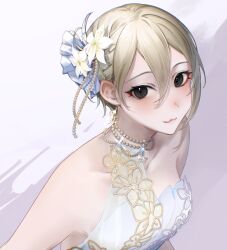 Rule 34 | 1girl, :3, bare shoulders, blush, breasts, collarbone, dress, flower, grey hair, hair between eyes, hair flower, hair ornament, highres, idolmaster, idolmaster cinderella girls, jewelry, jyanome 3, looking at viewer, medium breasts, necklace, pearl necklace, shiomi syuko, short hair, simple background, solo, upper body, white background, white dress