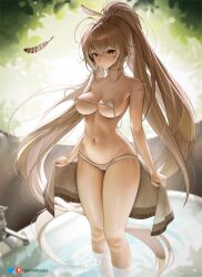 Rule 34 | 1girl, ahoge, alternate breast size, artist name, bare shoulders, bathtub, bikini, breasts, brown eyes, brown hair, cameltoe, collarbone, commentary, crossed bangs, duplicate, english commentary, falling feathers, feather hair ornament, feathers, greatodoggo, hair ornament, hairclip, high ponytail, highres, holding, holding towel, hololive, hololive english, large breasts, long hair, micro bikini, nanashi mumei, navel, nipple slip, nipples, solo, stomach, strap slip, swimsuit, towel, twitter logo, very long hair, virtual youtuber, wading, water, wet