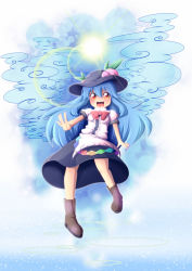 Rule 34 | 1girl, aged down, bad id, bad pixiv id, blue hair, cloud, food, fruit, hat, hinanawi tenshi, light rays, long hair, open mouth, peach, red eyes, semikichi, solo, sunbeam, sunlight, touhou