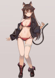 Rule 34 | 1girl, absurdres, animal ear fluff, animal ears, bad id, bad twitter id, bikini, black jacket, boots, breasts, bridal garter, brown hair, cat ears, cat girl, cat tail, choker, cleavage, collarbone, commentary request, full body, grey background, highres, jacket, large breasts, long hair, looking at viewer, multi-strapped bikini, navel, off shoulder, open clothes, open jacket, original, red bikini, red eyes, simple background, smile, solo, standing, stomach, swimsuit, tail, thighs, yuzu-aki
