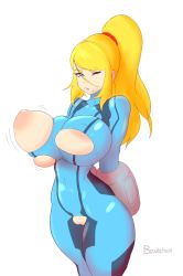Rule 34 | 1girl, artist name, bewbchan, blonde hair, blue eyes, bouncing breasts, breasts, bursting breasts, crotch cutout, eyebrows, hair over one eye, highres, large breasts, long hair, looking at viewer, metroid, mole, nintendo, one eye closed, parted lips, ponytail, puffy nipples, pussy, restrained, samus aran, solo, torn clothes, uncensored, white background, zero suit