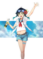 Rule 34 | 1boy, :d, androgynous, arm up, bare arms, bare legs, belt, black hair, blue gemstone, blue hair, blue sailor collar, blue shorts, bottle, bracelet, braid, brown belt, collarbone, collared shirt, eyewear on head, flower, gem, genshin impact, gradient hair, green eyes, hair between eyes, hair flower, hair intakes, hair ornament, hibiscus, highres, holding, holding bottle, jacket, jewelry, looking at viewer, midriff, multicolored hair, navel, neckerchief, open clothes, open jacket, open mouth, purple-framed eyewear, red flower, red neckerchief, sailor collar, sailor shirt, shirt, short hair with long locks, short shorts, short sleeves, shorts, smile, stomach, sunglasses, trap, twin braids, venti (genshin impact), white jacket, white shirt, yuhito (vlack1492)