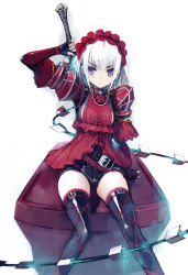 Rule 34 | 10s, 1girl, absurdres, arm support, arm up, armor, black gloves, black thighhighs, chaika bogdan, earrings, eyebrows, fingerless gloves, flower, gloves, hairband, highres, hitsugi no chaika, jewelry, lolita hairband, looking at viewer, namaniku atk, over shoulder, purple eyes, rose, short hair, short shorts, shorts, sitting, solo, thighhighs, thorns, weapon, weapon over shoulder, whip sword, white hair
